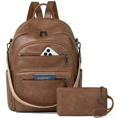 Backpack Purse for Women, Leather Vegan Ladies Fashion Designer Rucksack Convertible Travel Shoulder Bag Teacher College Daypack Work Handbag fits 14" Laptop-Brown
