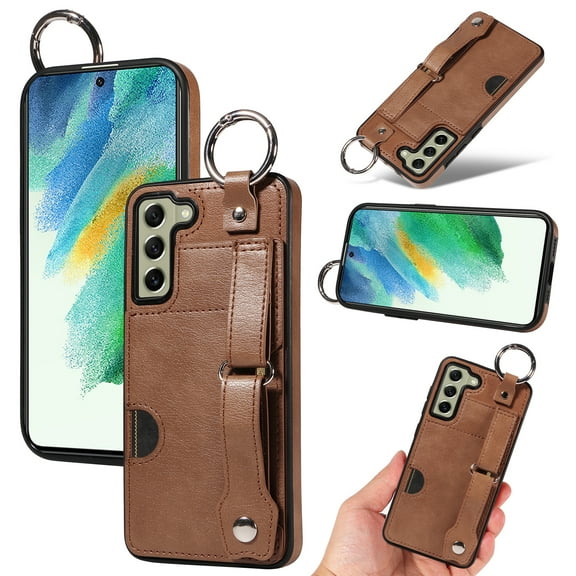 for Samsung Galaxy S22 Case, PU Leather Wallet Case Back with Card Slot Magnetic Clasp Kickstand Hand Strap Protective Cover Finger Ring Buckle for Samsung Galaxy S22, Brown