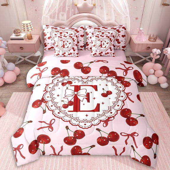 Erosebridal Cartoon Personalized Initial E Twin Bedding Sets 7-Piece For Kids,Red Cherry Kawaii Bow Bedding Comforter Set For Girls,Pink Reversible,Lightweight Room Decor