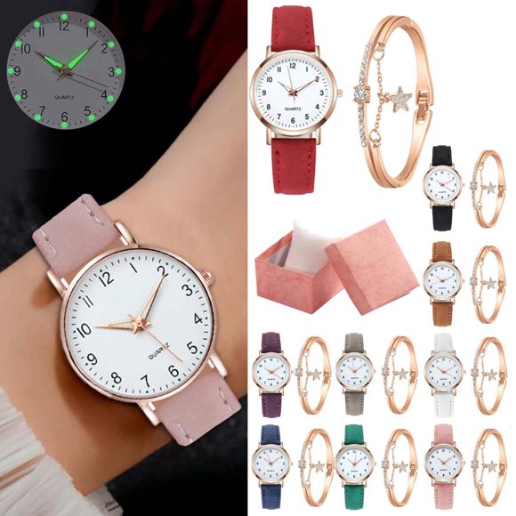 Xihbxyly Reloj Vintage para Mujer, Esfera Luminosa, Correa de Piel Esmerilada, Elegante Caja Dorada, Reloj Retro Pequeño y Redondo, Set de Regalo con Pulsera y Estuche, Accesorio de Moda, Caja de 32,