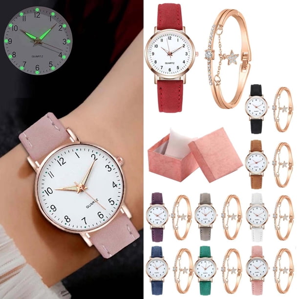 Xihbxyly Reloj Vintage para Mujer, Esfera Luminosa, Correa de Piel Esmerilada, Elegante Caja Dorada, Reloj Retro Pequeño y Redondo, Set de Regalo con Pulsera y Estuche, Accesorio de Moda, Caja de 32,