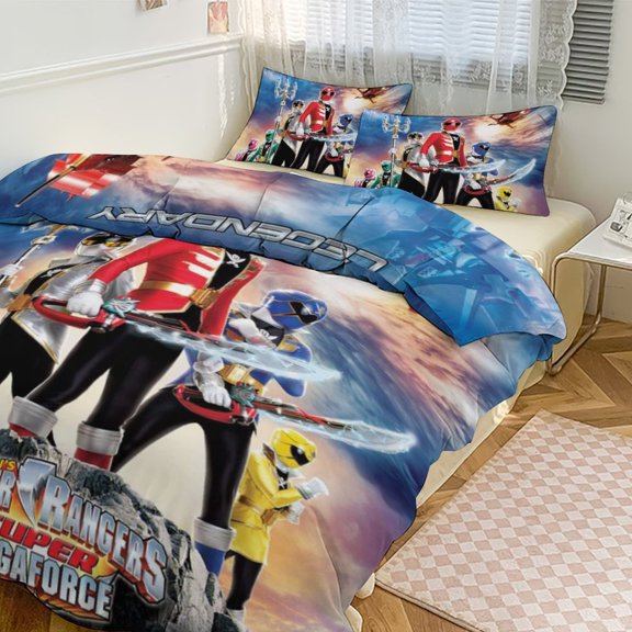 Power Rangers 3 Pieces Bedding Set 3D Printed Lightweight Bed Quilt Set Comforter Cover Set for Girls Kids Teens, 1 Quilt Cover 2 Pillowcases 86"x70"