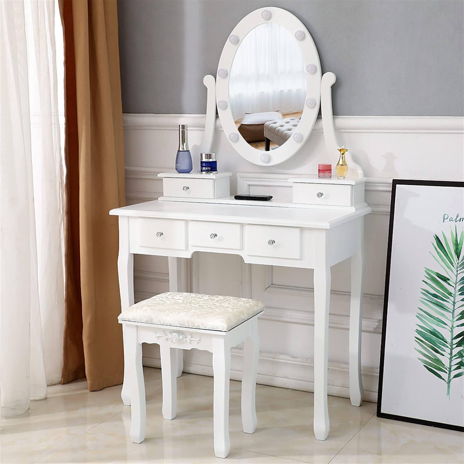 Ktaxon Vanity Table 10 LED Lights, 5 Drawers Makeup Dressing Desk with Cushioned Stool Set,Bedroom Vanities Set White - image 3 of 13