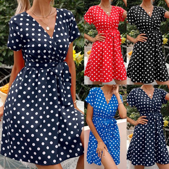 safuny Clearance Mini Loose Dress for Women Polka Dot Short Sleeve V Neck Dress Bandage Elegant Leisure Retro Holiday Beach Trendy Clothing Summer Black L