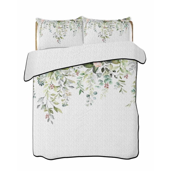 Quilts Queen Size Bedding Set, Sage Green Eucalyptus Reversible Summer Quilt 3 Pieces, Pink Floral Buds Summer Pastoral Lightweight Bedspreads Coverlets with 2 Pillow Shams for All Seasons