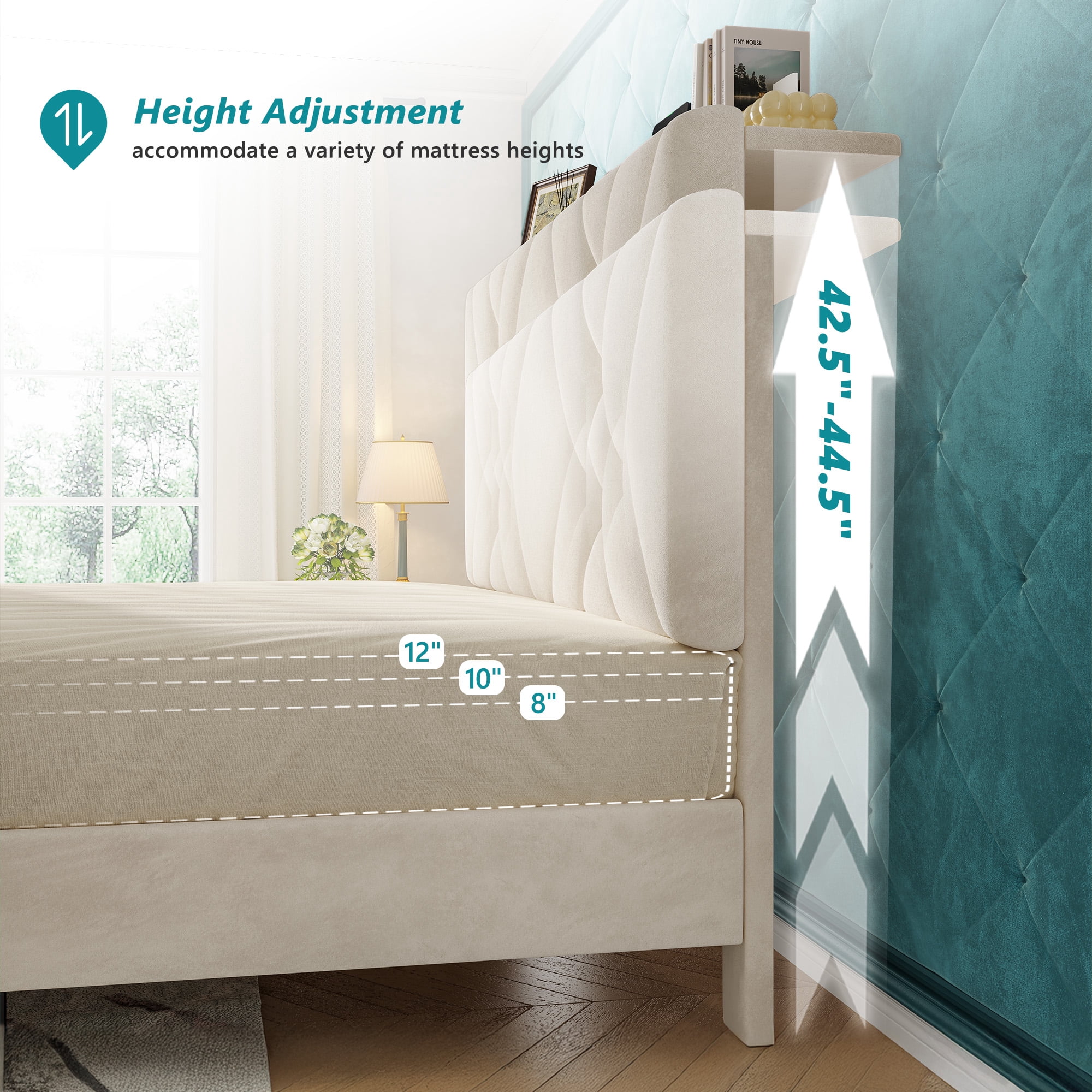 EnHomee King Size Bed Frame with 2 Drawers &  Storage Platform Upholstered Bed Frame King with Headboard King Bed Frame with LED Lights & Charge Station, No Box Spring Needed, No-Noise, Beige
