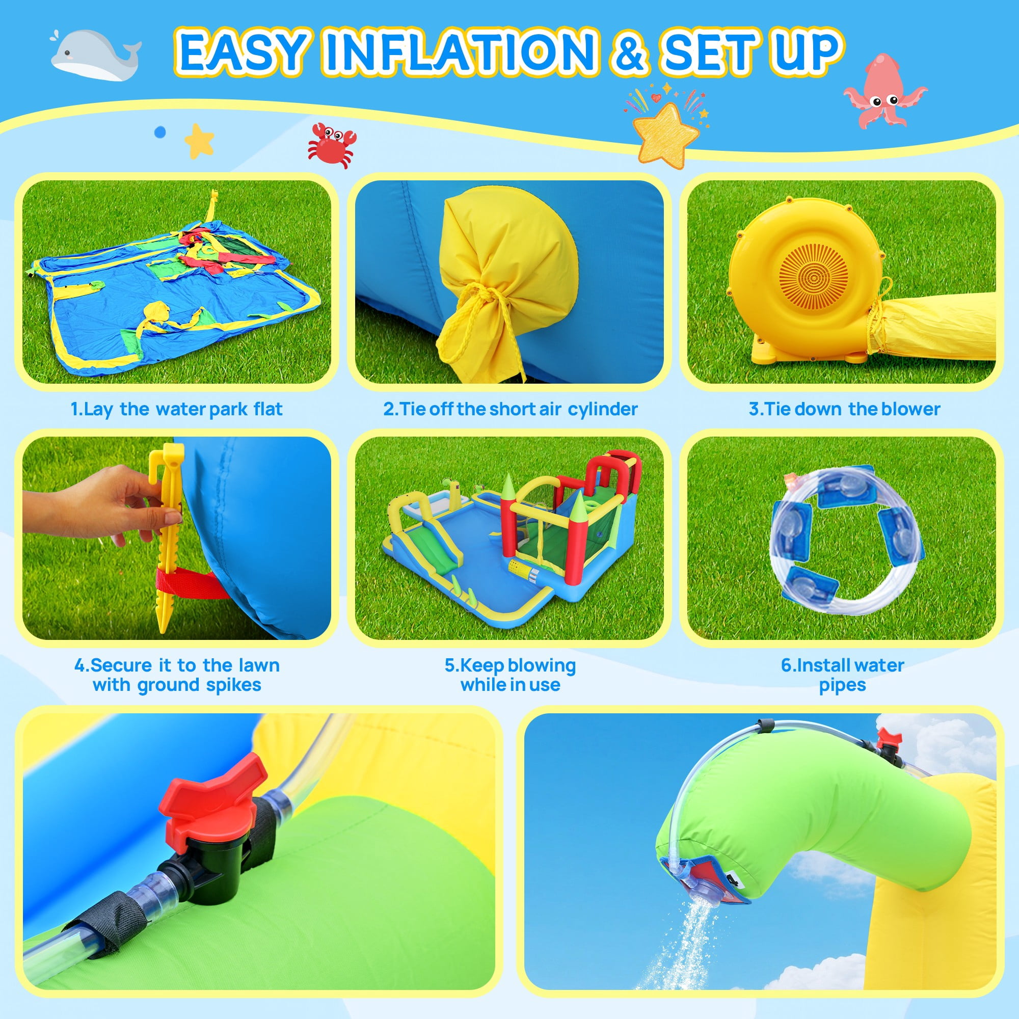Aukfa 11-in-1 Inflatable Water Slide Bounce House with Blower, Kids Backyard Water Park with Pools, Climbing Wall, Trampoline, Water Gun, Basketball Hoop & Ring Toss, Outdoor Bouncy Castle