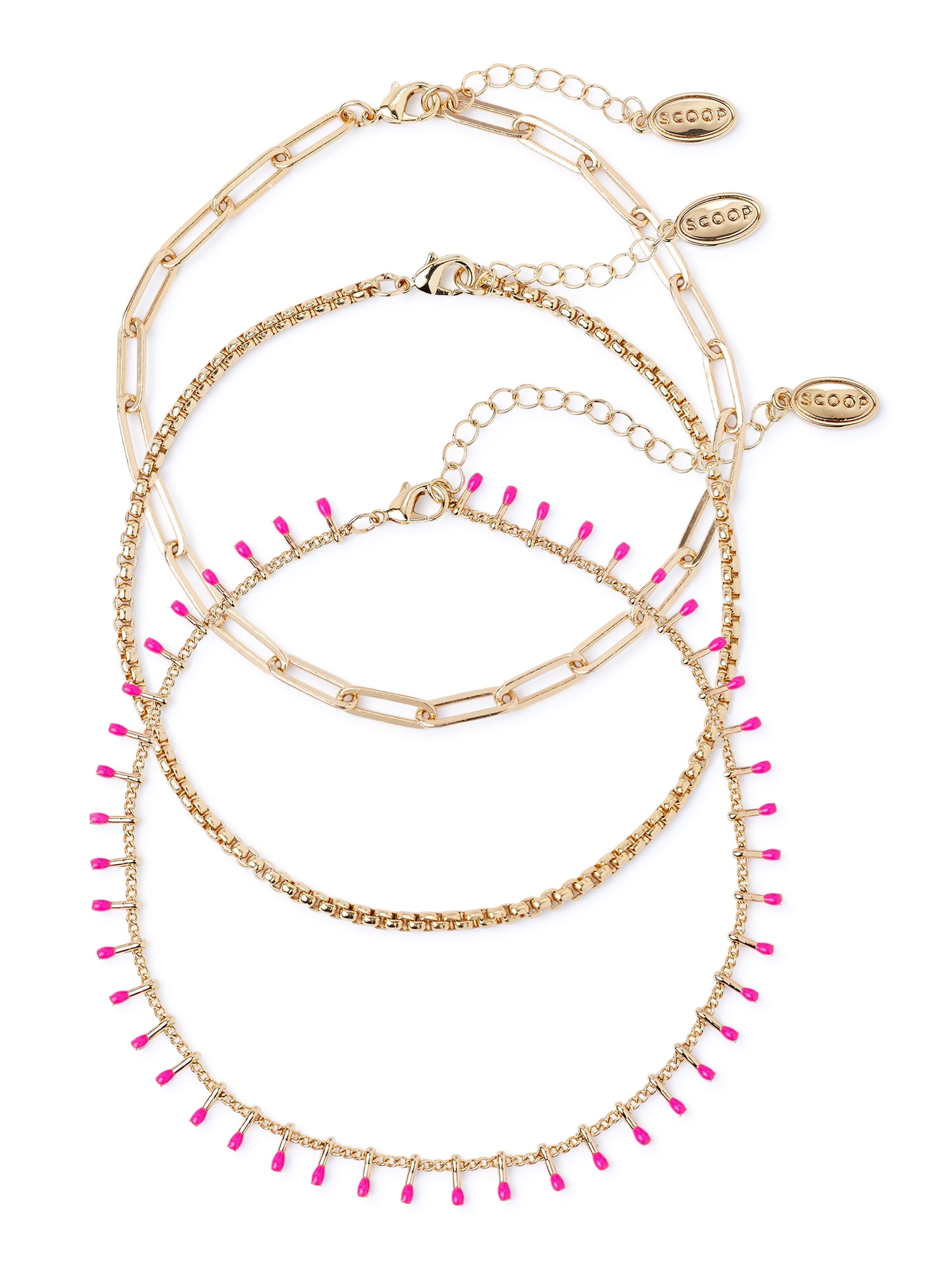 Scoop Women’s 14K Gold Flash-Plated Bead, Clip and Chain Anklets, 3-Piece Set, Pink