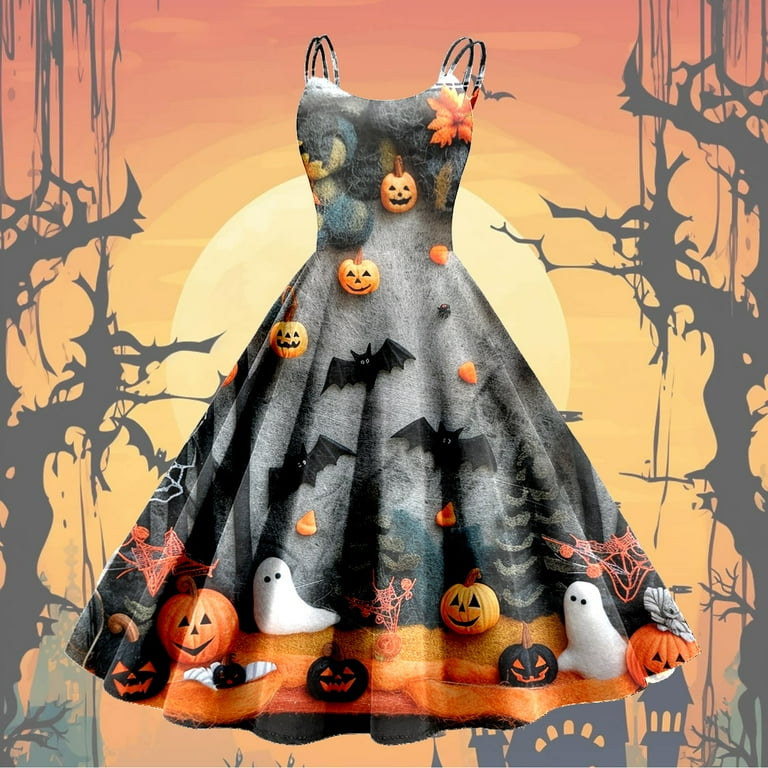 Women s Halloween Themed Vintage Swing Dress Spooky Pumpkin and Haunted House Print Walmart