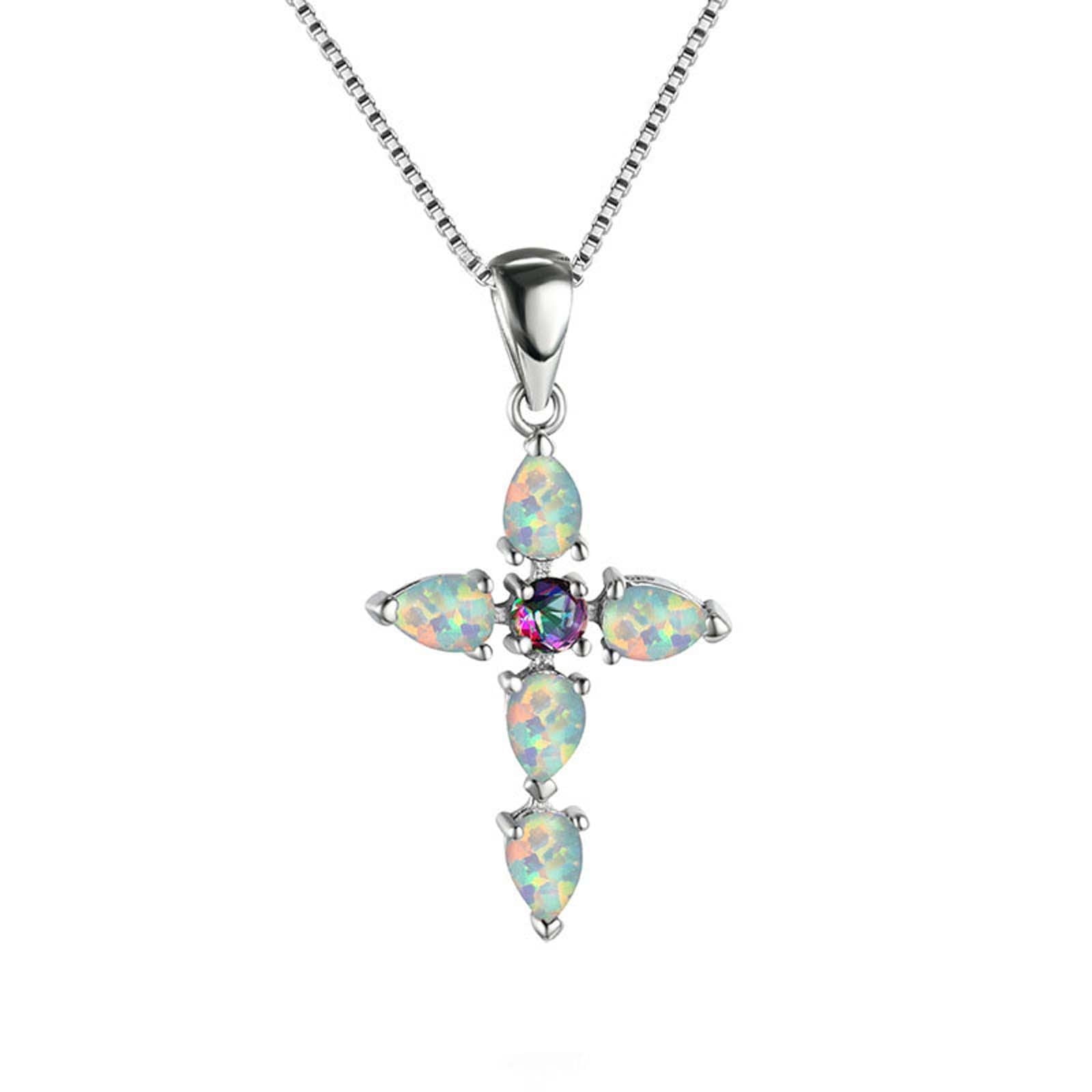 Lzobxe Necklaces for Women Unisex Cross Pendant Necklace Female Summer Clavicle Chain Opal