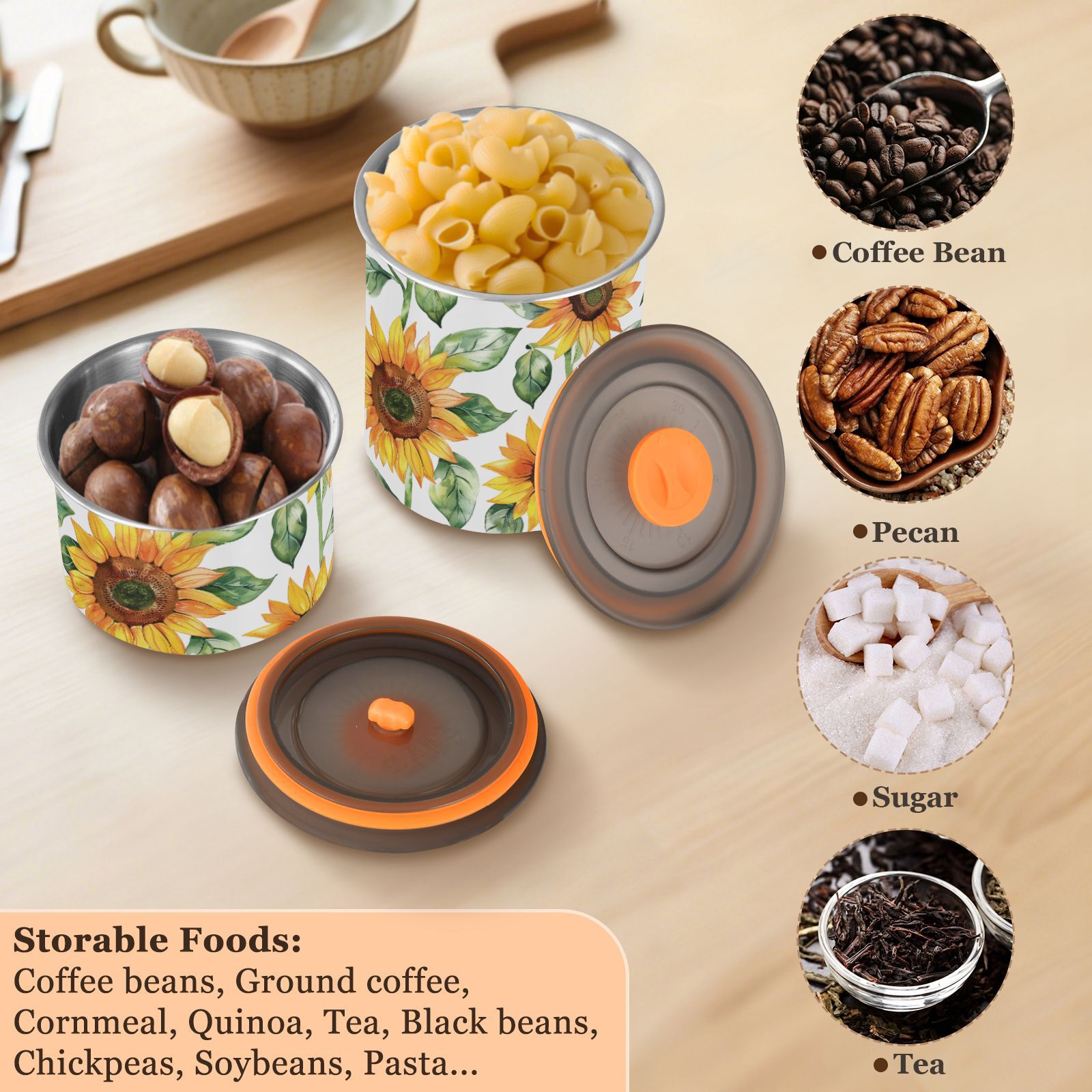 Sunflowers Watercolour Airtight Coffee Bean Canister 30oz Food Storage Containers with Lids For Gournd, Tea, Sugar, Flour, Rice, Cereal, Candy Cookie Jar