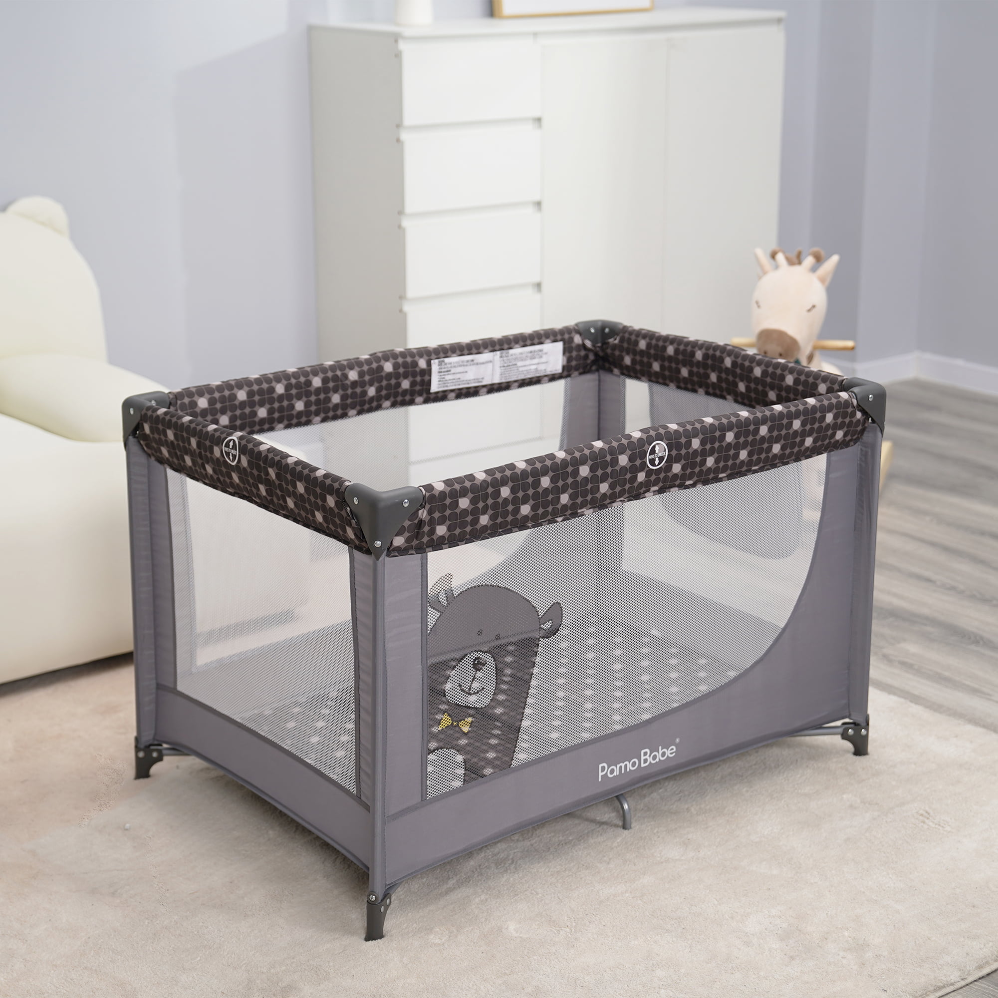 Pamo Babe Unisex Portable Baby Play Yard Include Wheels Canopy Changing Table for Newborn Grey