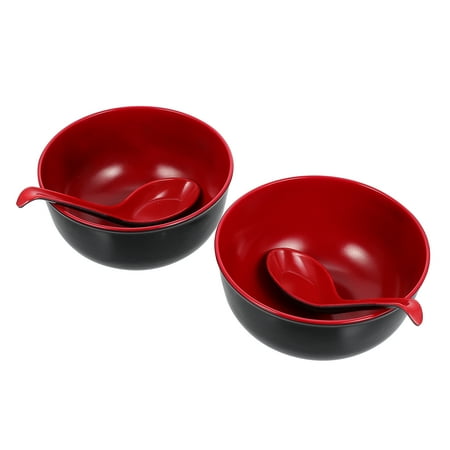 

1 Set of Practical Melamine Ramen Bowls Rice Bowls with Spoons (Black Red)