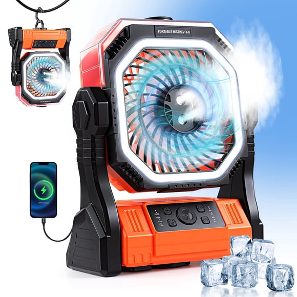 Henotian Ventilador de Acampar y Ventilador de Escritorio con Nebulización, Ventilador Portátil Recargable de 20000mAh con Tanque de Agua de 320ml, Linterna LED para Hogar, Patio, Viaje