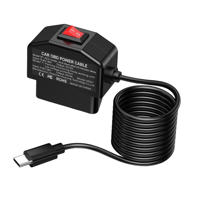 DYNWAVECA OBD Power Cable for Dash Camera Hardwire Kit Small with USB Female Port 3.5M Length with Switch Universal Parts Power Adapter voltage detection