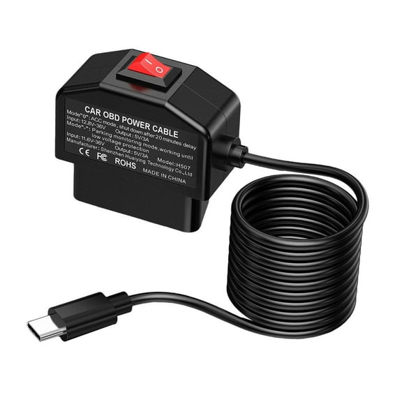 OBD Power Cable Dash Cam Hardwire Kit USB Charging Connector with PP Material for Gasoline Vehicle Monitoring