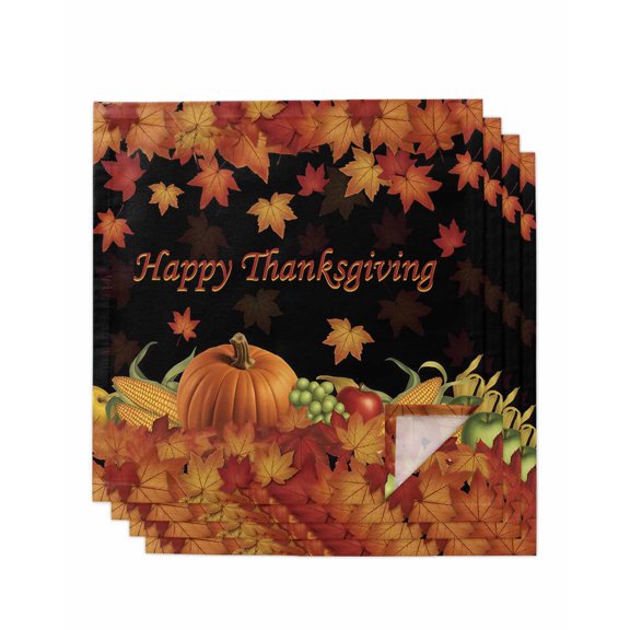Fall Maple Leaves Cloth Napkins Set of 4 Reusable Dinner Napkins, Happy Thanksgiving Pumpkins Autumn Black Cocktail Napkin Washable Table Napkins for Wedding/Holiday Party/Baby Shower 20"x20"