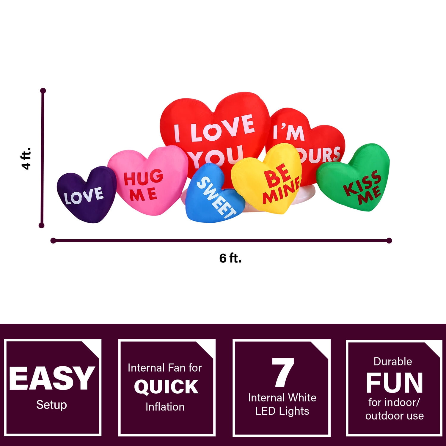 Fraser Hill Farm 6 ft. Valentine's Day Heart Candy Inflatable with LED Lights, Ropes & Stakes
