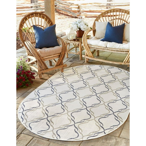 Rugs.com Outdoor Lattice Collection Rug – 8' x 10' Oval Ivory Flatweave Rug Perfect For Living Rooms, Large Dining Rooms, Open Floorplans