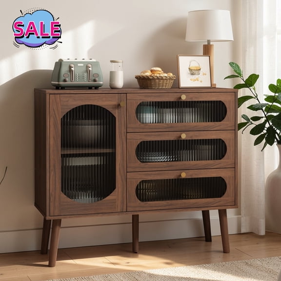 Hassch 39.3" Small Buffet Sideboard with Door, Storage Cabinet with 3 Drawers, Modern Accent Cabinet, Credenza for Kitchen, Entryway, Dining Room, Living Room, Easy Assembly, Walnut