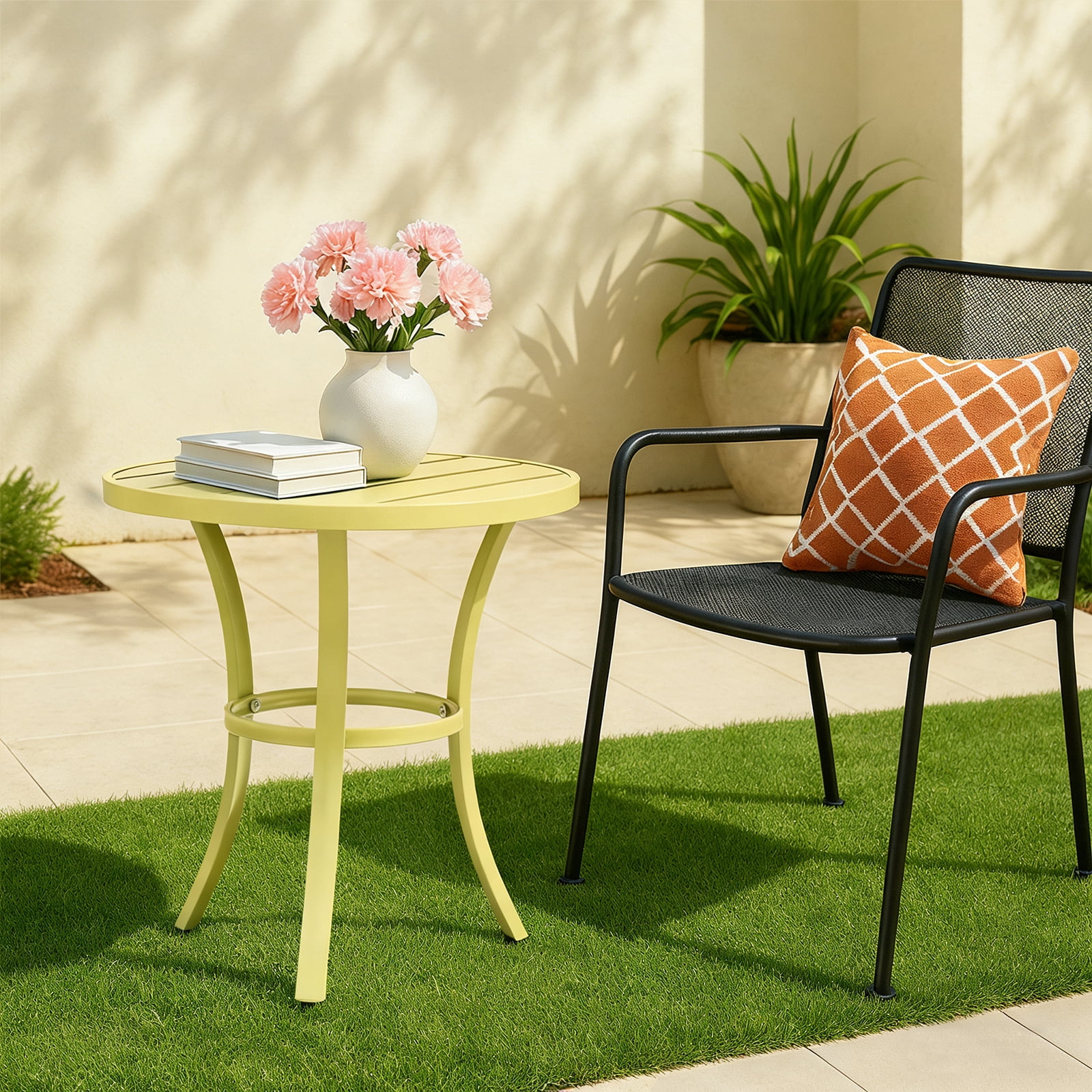 Outdoor Round Side Table, Light Yellow Powder-Coated Metal Frame, Adjustable Non-Slip Feet, Compact End Table, for Patio Balcony Living Room Bedroom