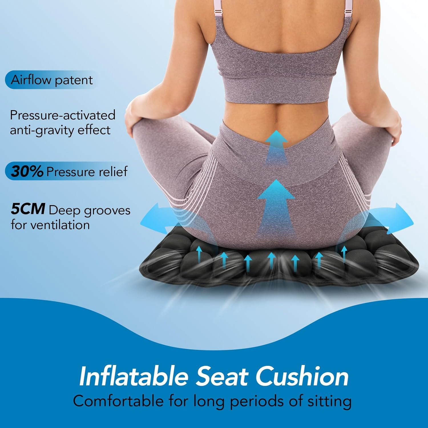 Air Inflatable Travel Seat Cushion, Portable Breathable Comfort Cushion, 56 Air Bubble Design for Airplane, Car, Office Chairs & Home Living – Lightweight & Ergonomic Support,18” x 16” (Black)
