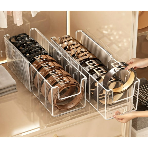 Clear Belt Organizer Extendable, 2 Pack Acrylic Belt Storage Holder with Adjustable Dividers, Belts Storage Container for Closet Drawer