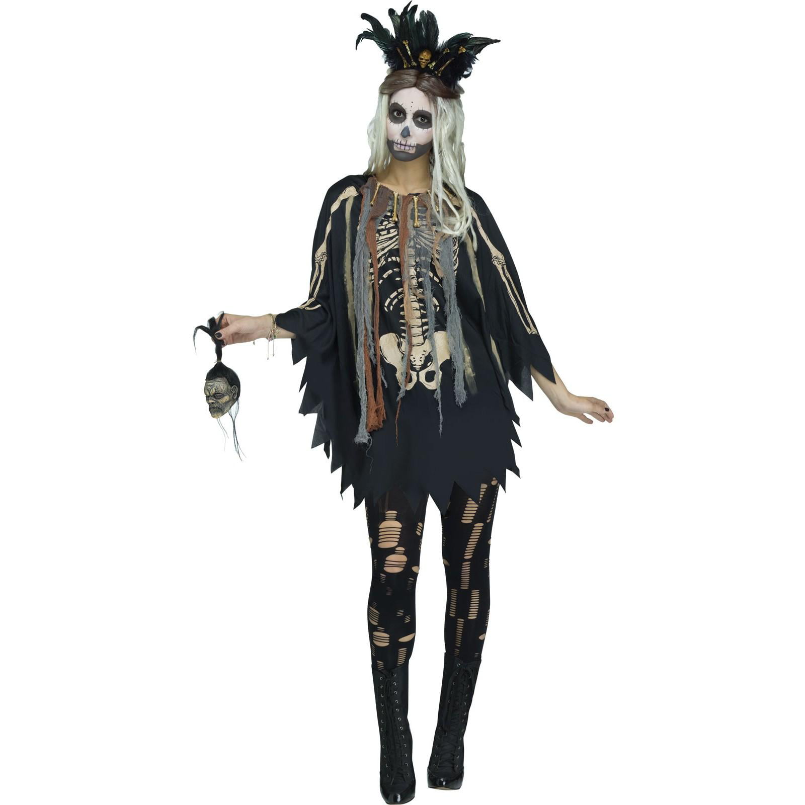 Mens Black Voodoo Skeleton King Witch Doctor Halloween Fancy Dress Costume