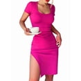 thumbnail image 2 of Women's Knit Ribbed Short Sleeve Bodycon Mini Dresses Crew Neck Slim Dress for Summer Rose Red M, 2 of 7