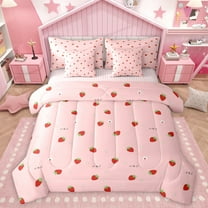 Homewish Kawaii Sweet Strawberry 7-Piece Twin Bedding Sets,Cute Daisy Flower Bedding Comforter Set,Pink Red Sheet Sets For Girl Teens,Super Cozy Room Decor Reversible