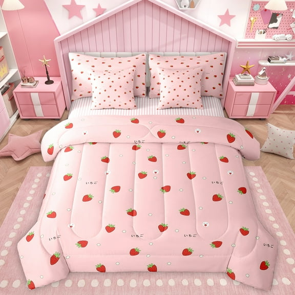 Homewish Kawaii Sweet Strawberry 7-Piece Twin Bedding Sets,Cute Daisy Flower Bedding Comforter Set,Pink Red Sheet Sets For Girl Teens,Super Cozy Room Decor Reversible