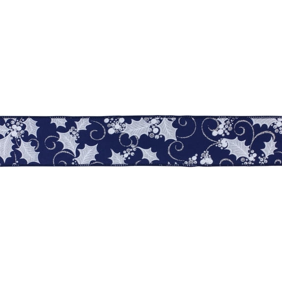 Melrose Holly Berry Christmas Wired Craft Ribbon - 2.5" x 20 Yards - Blue and Silver