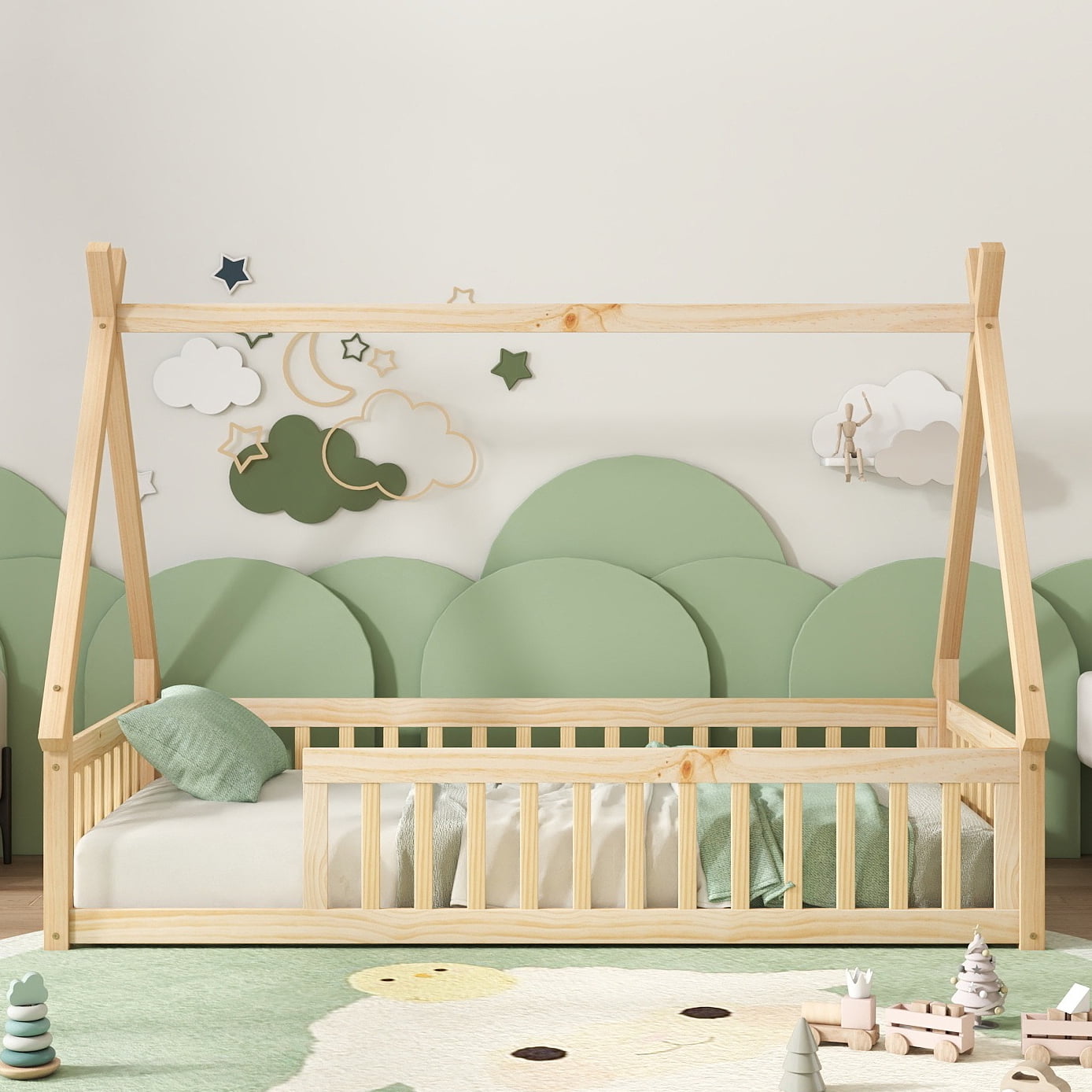 Twin Size House Floor Bed, Wood Montessori Bed Frame with Fence Guardrails, House Beds Frame (Twin,Natural)