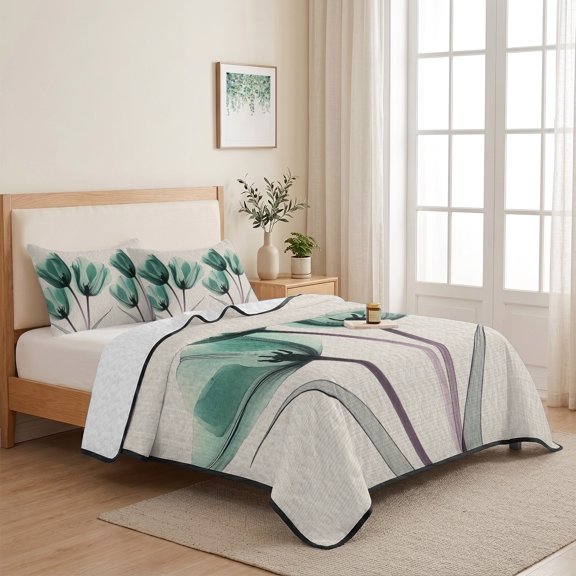3 Piece Summer Bed Quilt Set Twin XL Size,Vintage Gradient Teal Floral Lightweight Bedspread Coverlet with 2 Pillowcases Pastoral Simple Tulip Soft Comforter Bedding Quilts for All Season