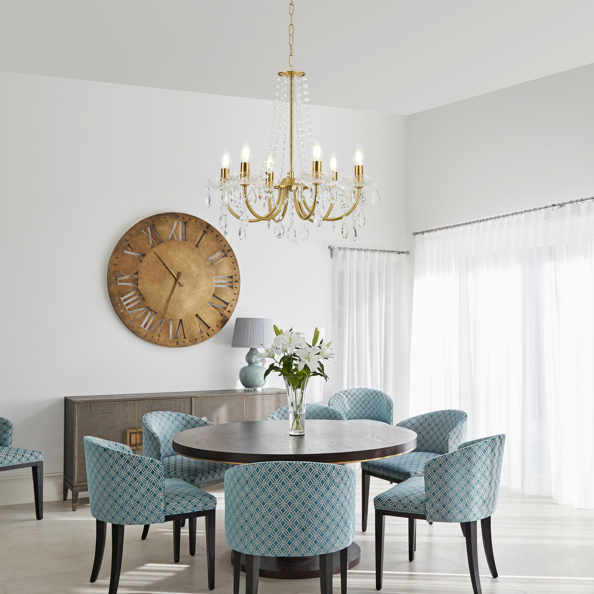 Crystal Chandelier,K9 Crystal Pendant Lighting for Living Room Golden 6 Ceiling Fixture for Wedding,Kitchen,Dining,Foyer,H 18.5" x W 21.3"