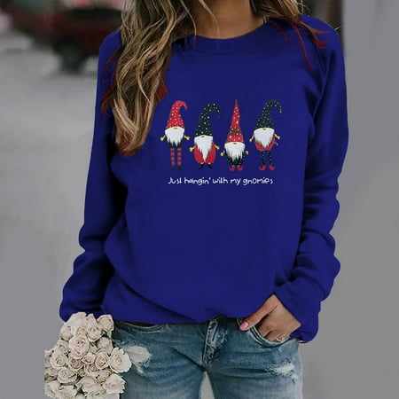 

jsaierl Crewneck Sweatshirts for Women Long Sleeve Shirts Christmas Gnomes Print Tops Workout Casual Fall Blouse Tee Pullover Christmas Gifts for Women
