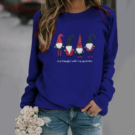 

jsaierl Crewneck Sweatshirts for Women Long Sleeve Shirts Christmas Gnomes Print Tops Workout Casual Fall Blouse Tee Pullover Christmas Gifts for Women