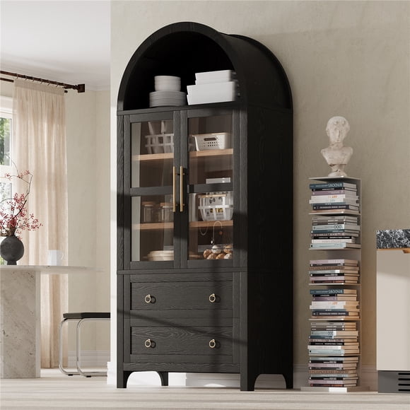 71" Tall Arched Kitchen Pantry Cabinet with 2 Large Drawers, Modern Farmhouse Kitchen Storage Cabinets with Adjustable Shelves, Glass Door, Wood Versatile Cupboard for Kitchens, Dining Room