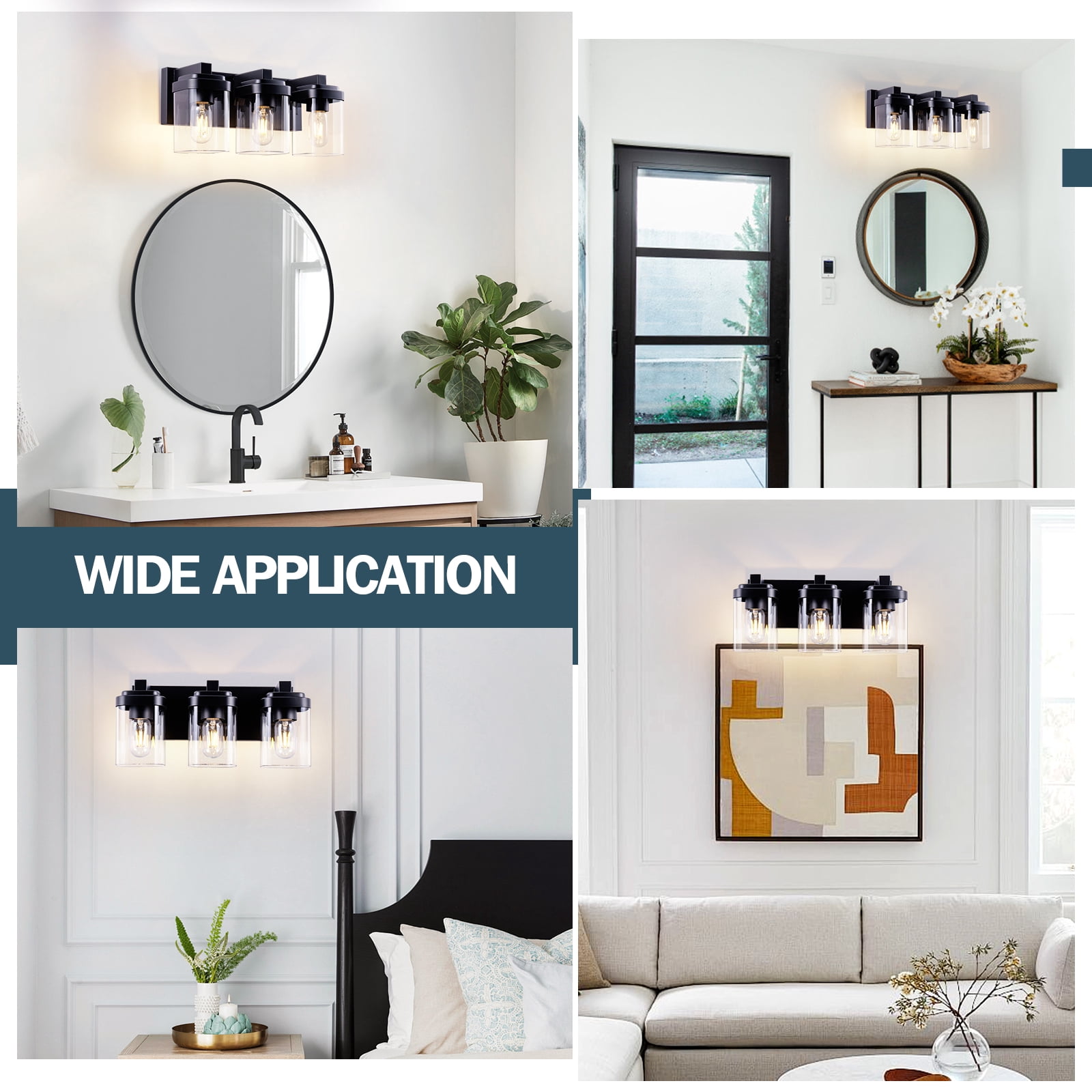 3-Light Black Bathroom Vanity Light, Modern Vanity Lighting Fixture for Bathroom, 15.75" Matte Light Fixture, Wall Sconces with Clear Glass Shade, Black Bathroom Wall Light Over Mirror