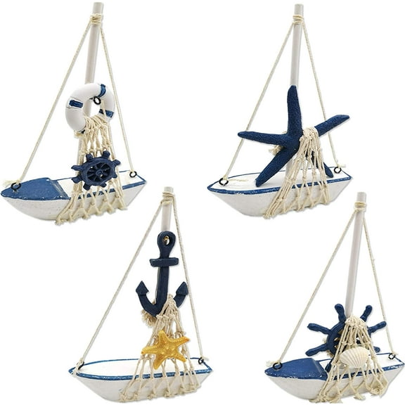 RONYOUNG 4PCS Mini Sailboat Model Decoration Wooden Miniature Sailing Boat Home Decor Set, Beach Nautical Design, Navy Blue and White, 4.4 x 6.8 Inch