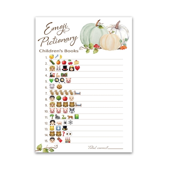 WHITE PUMPKINS EMOJI Baby Shower Games, Pack of 25, Pictionary Children's Books, FALL Baby Showers, Rustic GENDER NEUTRAL Baby Shower Games, Little Pumpkin Autumn Halloween Baby Party Games G332-EMJ