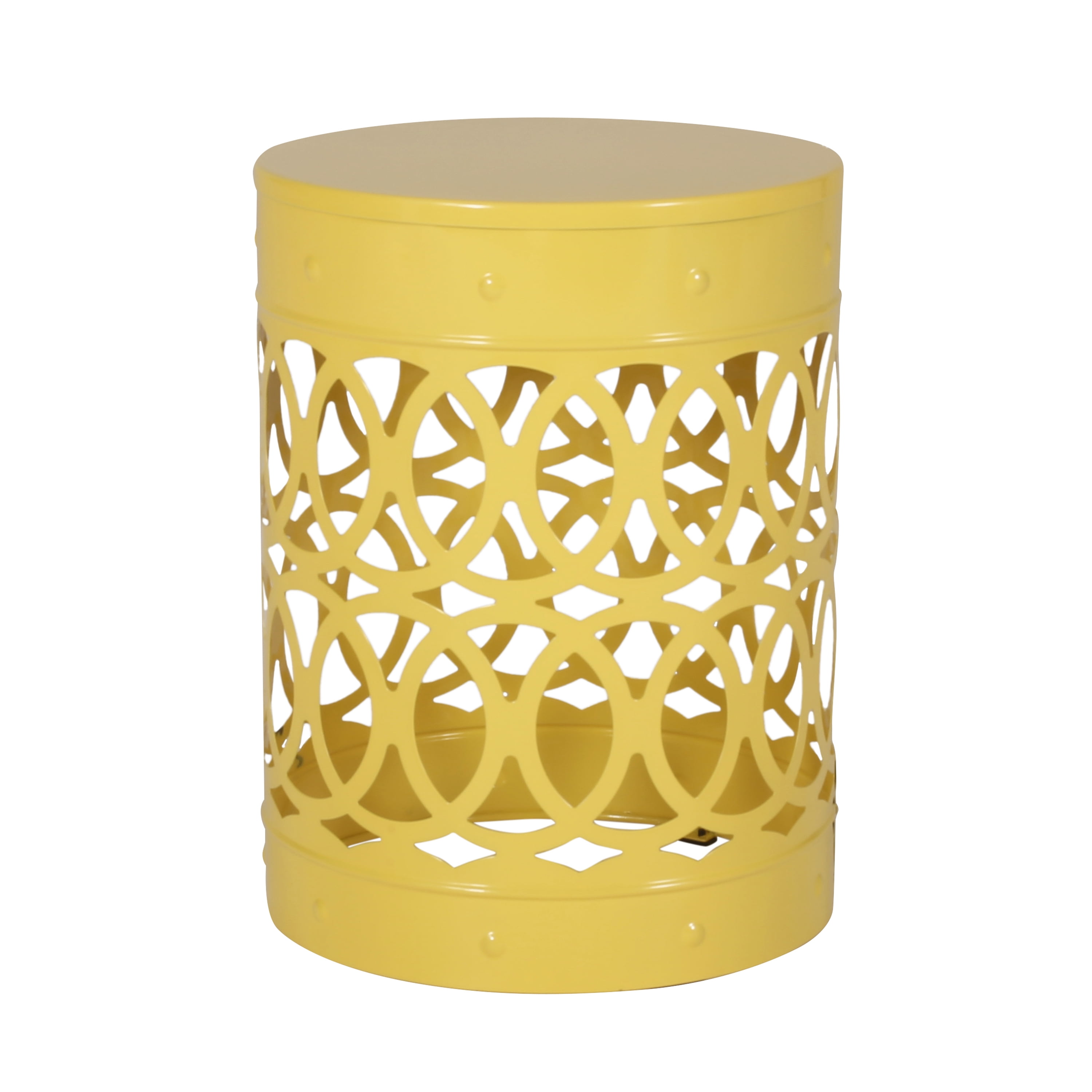 Outdoor Nesting Side Table Set of 2, Cylindrical Hollow Out Iron Structure for Patio Garden, Yellow