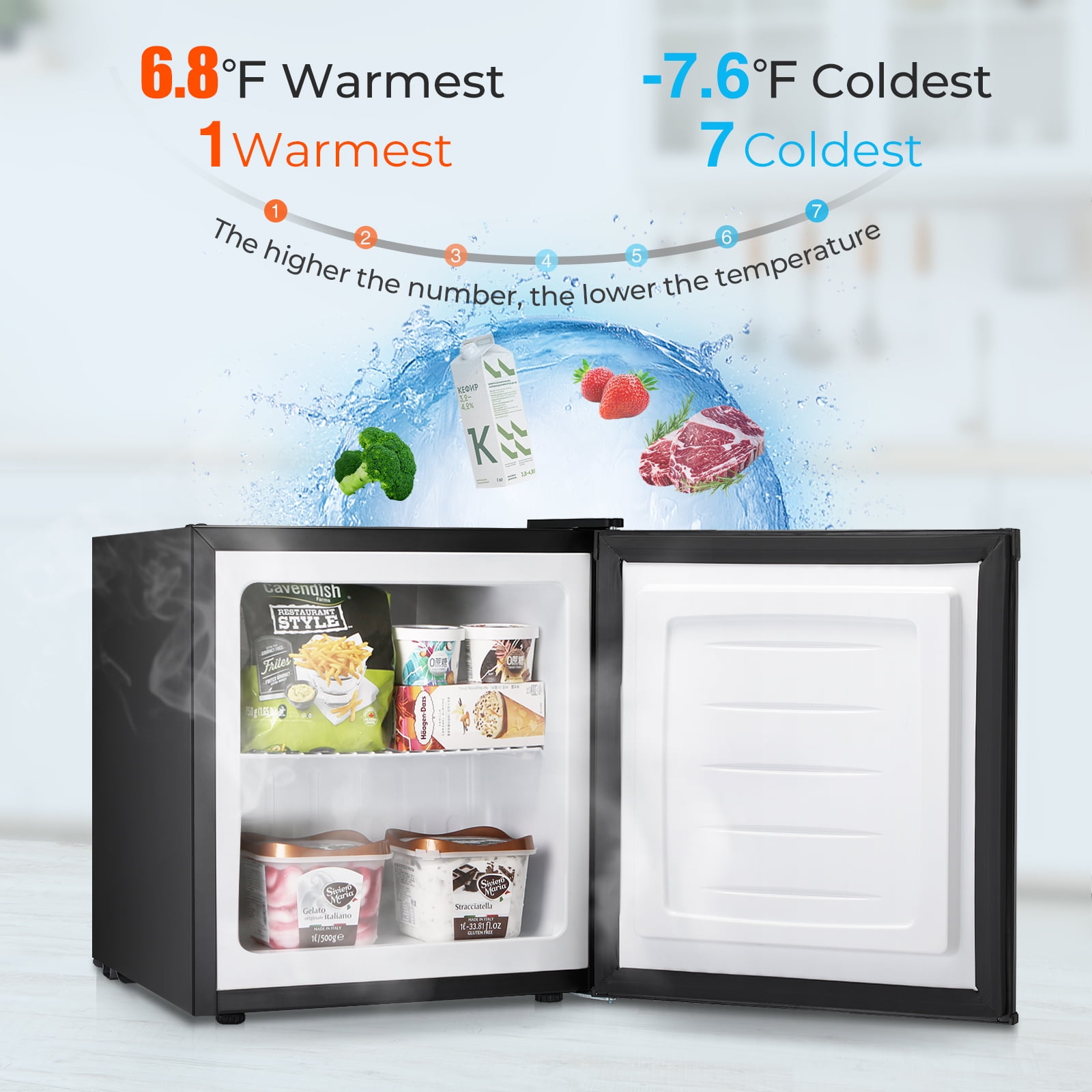 WAA Mini Freezer,1.1 Cu.ft Upright Freezer with Reversible Single Door,Removable Shelves,Small Freezer with Adjustable Thermostat for Home/Kitchen/Office (Black)