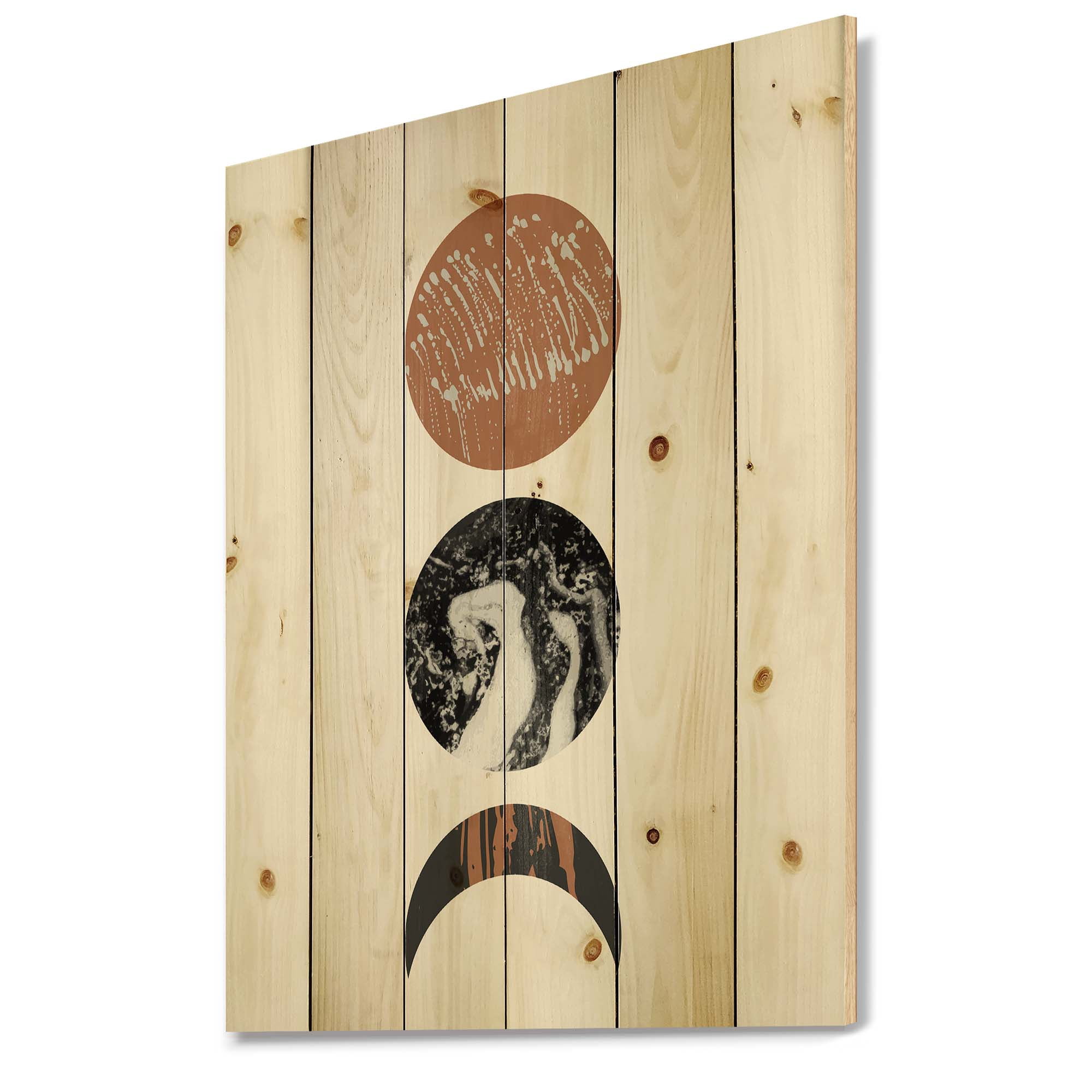 Designart 'Retro Shapes Abstract Moons and Suns' Modern Print on Natural Pine Wood