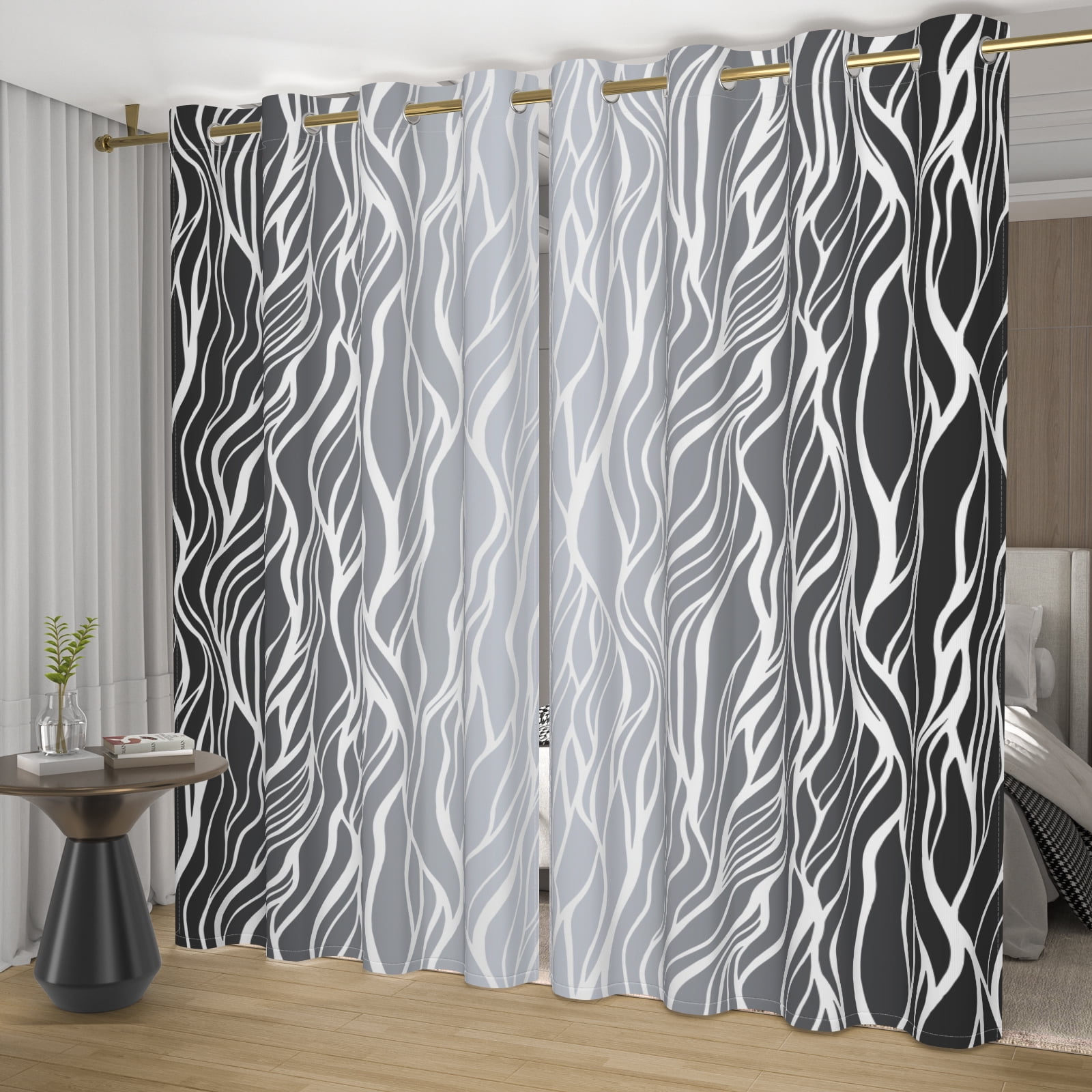 Nanqianyi Black and Grey Ombre Blackout Curtains 52" Wx63" L for Bedroom Living Room, Gradient Wavy Line Thermal Insulated Grommet Drapes 2 Panels