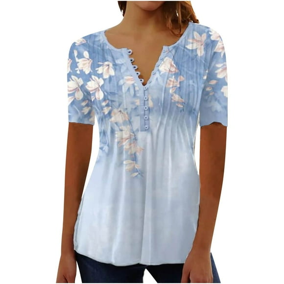 Blusas Umfun de manga corta para mujer, cuello en V, botones, informal, blusa plisada estampada, azul cielo, talla 3XL