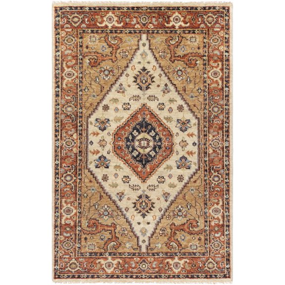 Hauteloom Pudut Wool Living Room, Bedroom Area Rug - Medallion Floral Border - Traditional Oriental Indian - Cream, Rust, Tan - 2' x 3'