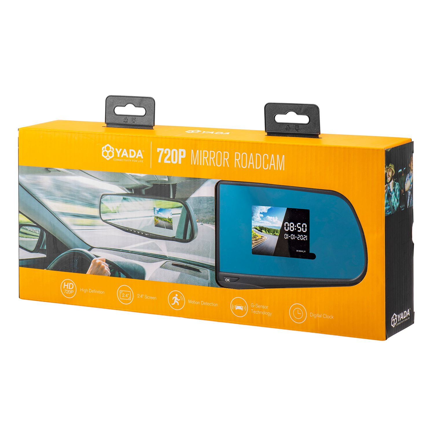 Yada RoadCam 720p Mirror Camera, 120 Degree Wide Angle Lense, 2.4" LCD, G-Sensor Technology with Park and Record Mode, Loop Recording
