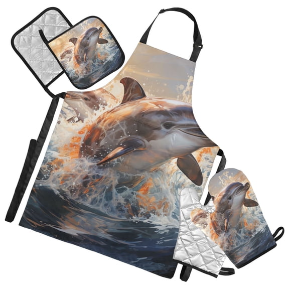 Whale Jump Out Of Water 5 Pcs Kitchen Set Heat Resistant Oven Mitts and Non-Slip Pot Holders with Adjustable Cooking Apron