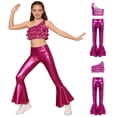 thumbnail image 2 of iiniim Girls Disco Jazz Hip Hop Street Dance Outfits Sequins Ruffle Crop Top with Flared Leggings Pants Set Hot Pink 8, 2 of 7